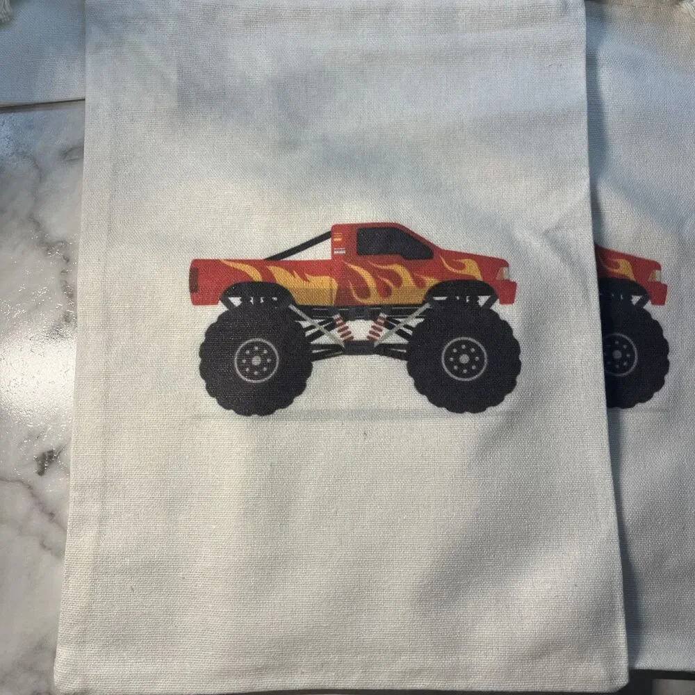 Monster Truck reusable Party Favor, treat gift bags 10 - 8X10 canvas drawstring